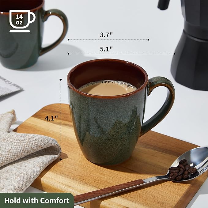 Pokini Coffee Mug 14 oz, Ceramic Coffee Mugs Set of 6, Reactive Glaze Mug for Latte/Tea/Cappuccino, Large Stackable Mug Set for Men, Women, Dad, Mom, Dishwasher & Microwave Safe, Brown Green - Image 2