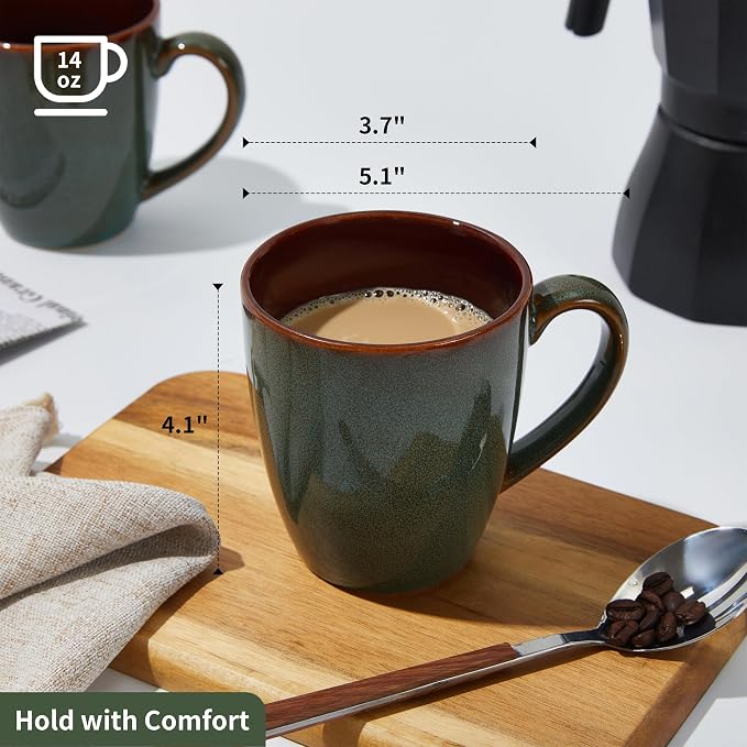Pokini Coffee Mug 14 oz, Ceramic Coffee Mugs Set of 4, Reactive Glaze Mug for Latte/Tea/Cappuccino, Large Stackable Mug Set for Men, Women, Dad, Mom, Dishwasher & Microwave Safe, Brown Green - Image 2