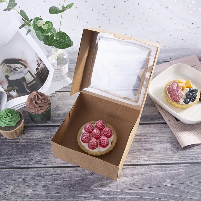 ONE MORE [25pcs] 6" Brown Bakery Boxes with pvc Window for Pie and Cookies Boxes Small Natural Kraft Paper Box,6x6x2.5inch(Brown,25)