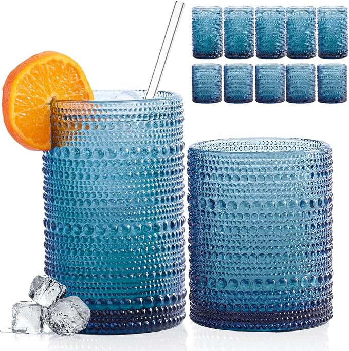 Hobnail Drinking Glasses with Straws, 15oz&12oz Vintage Glassware Set of 12, Blue Hobnail Glassware Embossed Vintage Water Cups, Highball Glasses for Cocktail,Whiskey,Beer and Juice by FULGNU