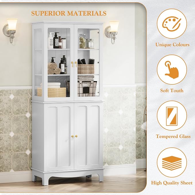 72" Tall Kitchen Pantry Cabinet with Glass Door and Adjustable Shelves, Vintage Food Storage Cabinet for Kitchen, Dining Room, Living Room, White - Image 5