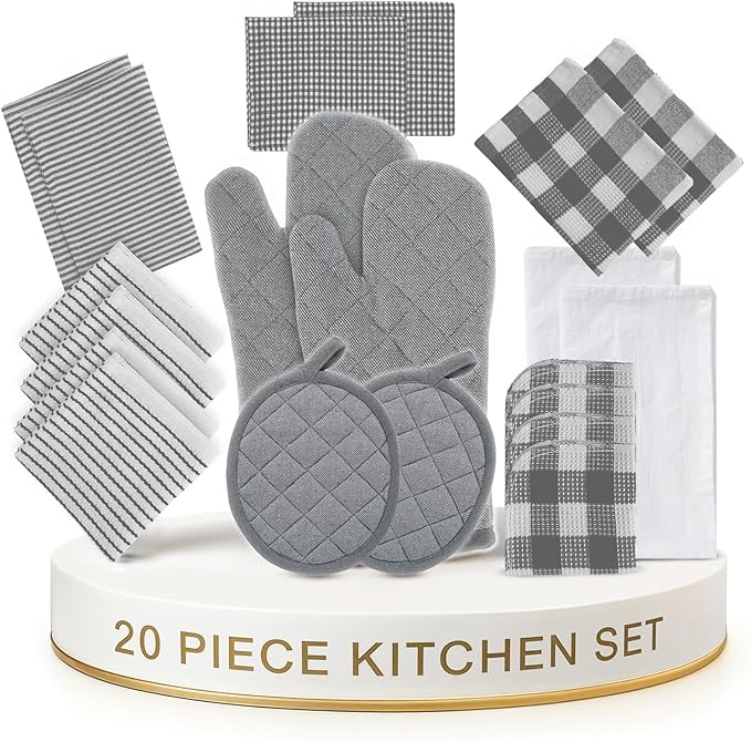 LANE LINEN Kitchen Towels and Oven Mitt Set 20 Pc - Lint Free Cotton Dish Towels for Kitchen Drying, Cozy Terry Dish Rags, Flour Sack Towels for Sourdough Bread Proofing & Quilted Pot Holders - Grey by LaneLinen