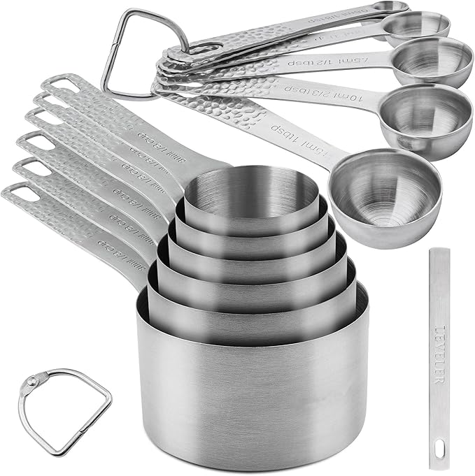 Measuring Cups and Spoons Set 14, 18/8 Stainless Steel Measuring Cups and Spoons Set for Baking & Kitchen, Metric & US Measure 6 Cups & 7 Spoons with Leveler