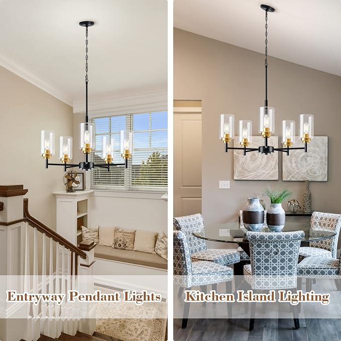 Kitchen Island Lighting - 5 Lights Modern Glass Chandelier for Dining Room, Farmhouse Pendant Light Over Table for Foyer Living Room Bedroom (Black and Gold) - Image 7