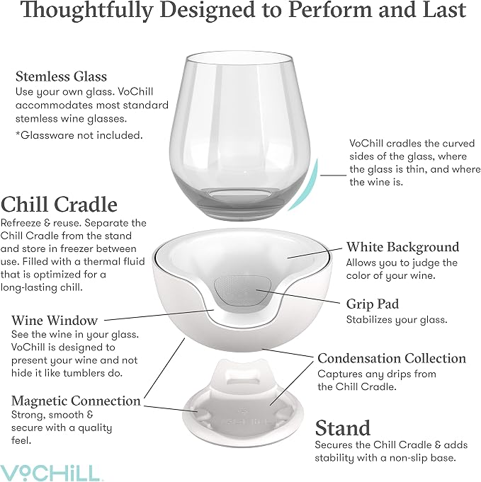 VoChill Stemless Wine Glass Chiller | Keep the Chill In Your Glass | Made In USA | The Original | Refreezable Chill Cradle™ | Actively Chills Stemless Glassware | Blush, Single Stemless - Image 4