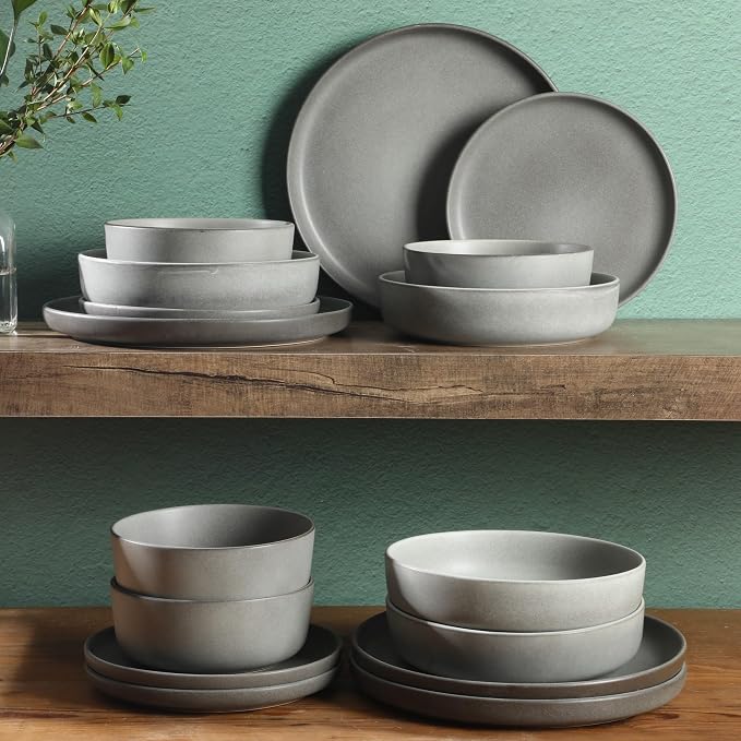 Gibson Elite Pasco 16 Piece (Service for 4) Plates and Bowls Double Bowl Reactive Glaze Dishes Stoneware Ceramic Dinnerware Set - Grey - Image 4