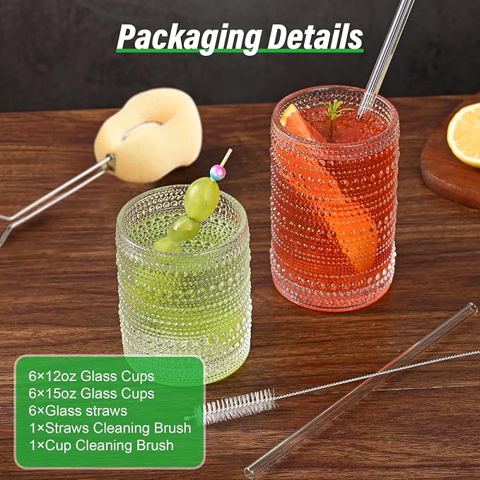 ZMOWIPDL Drinking Glasses Set of 12,Clear 12oz & 15oz Hobnail Glass Cups | Vintage Glassware，Embossed Water Tumbler,for Beer,Cocktail,Whiskey,Juice and Various Mixed Drinks- 1 Cleaning Brush - Image 3