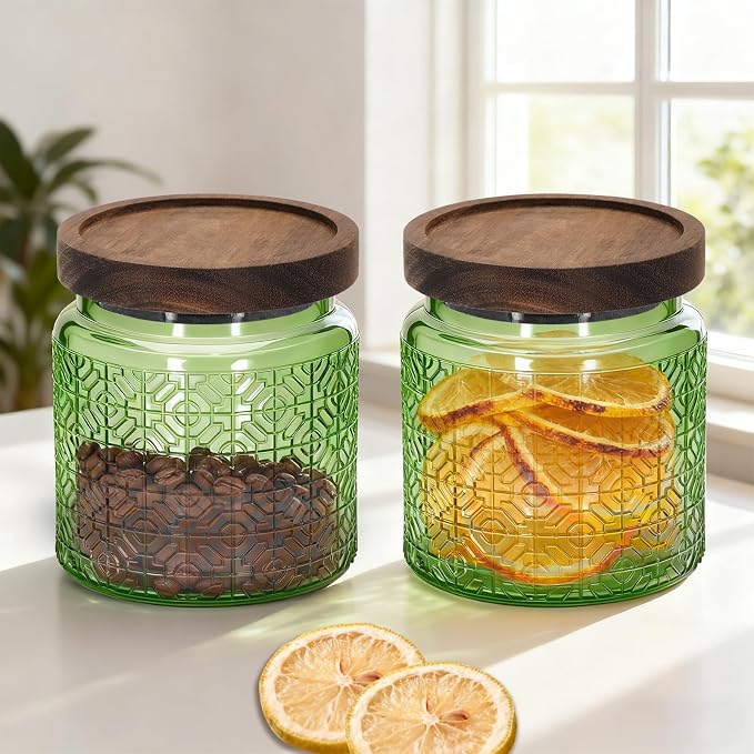 1Pc 17oz Window Style Vintage Glass Candy Jar with Solid Wood Lid, Kitchen Storage Canister for Sugar, Coffee, Tea, Cookies, Bath Salt - Decorative Mason Jar(1, Green, 17oz) - Image 4