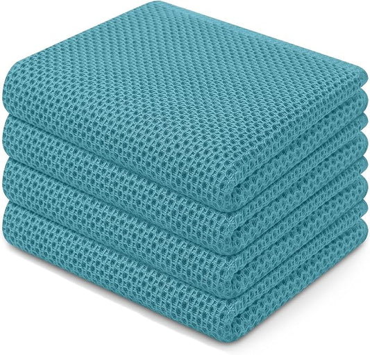 Homaxy 100% Cotton Waffle Weave Kitchen Dish Towels 4-Pack, Lake Blue | 13 x 28 Inches, Ultra Soft Absorbent Dish Towels, Quick Drying Cleaning Towels by Homaxy