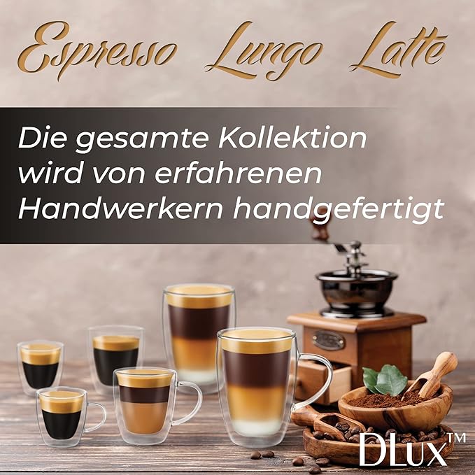 DLux Coffee Mugs, 12oz Latte Clear Glass Set of 2 Cups, Double Wall Insulated Borosilicate Glassware Cup - Wine, Tea Glasses