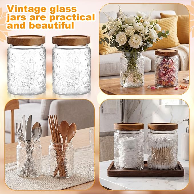LemonRoad 4 Pcs Vintage Clear Glass Storage Jars 23.7 oz Mason Jar Canister with Wood Lids Food Storage Container for Cookie, Pantry, Candy Kitchen, Coffee, Tea, Flour, Sugar, Decorative Home Decor - Image 5