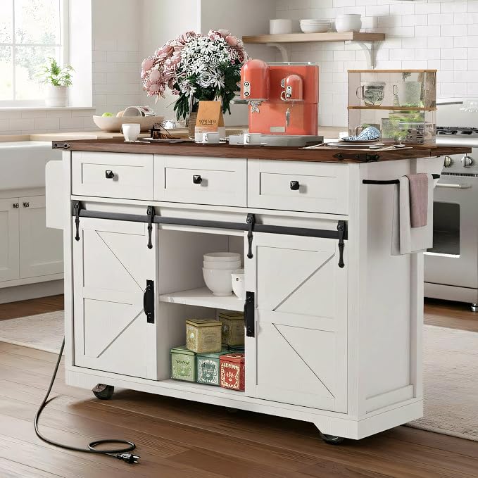 Farmhouse Kitchen Island on Wheels with Drop Leaf & Power Outlet, 53.7-Inch Rolling Storage Island Cart with Drawers, Sliding Barn Door Cabinets, Spice Rack (Retro White) by Amposei