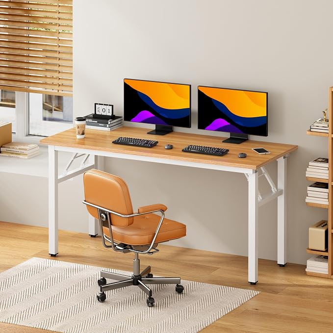 DlandHome 59.8 Inch Large Folding Computer Desk, Fully Assembled Teak White | Foldable Writing Table, Portable Activity Conference Table for Home Office, Wood Top Metal Frame, Collapsible Easy Storage - Image 2