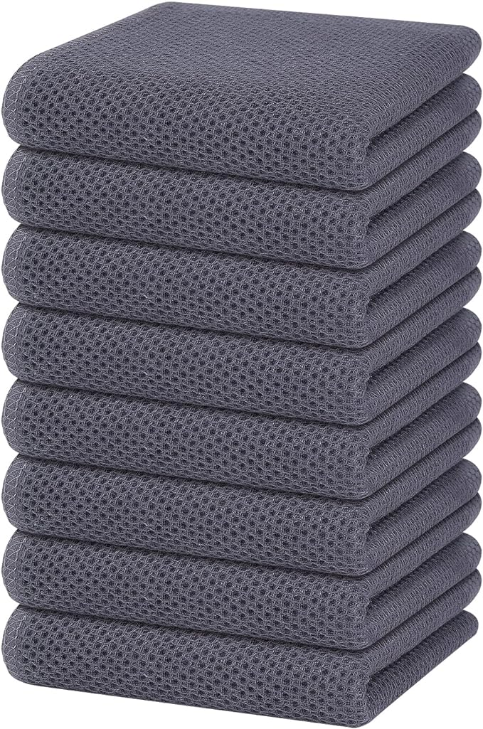 Homaxy 100% Cotton Waffle Weave Kitchen Dish Towels 8-Pack, Dark Grey | 13 x 28 Inches, Ultra Soft Absorbent Dish Towels, Quick Drying Cleaning Towels by Homaxy