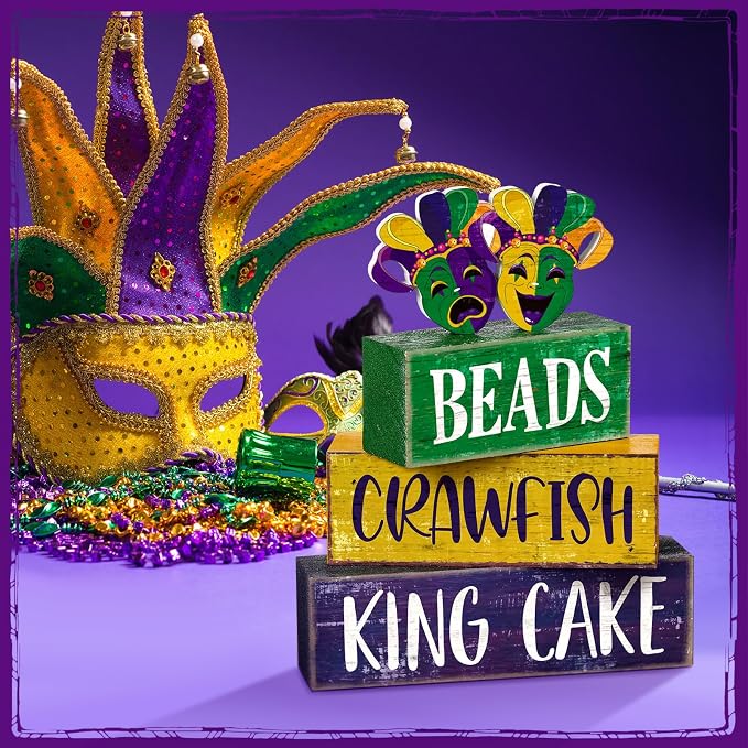 Moucuny 4 Pcs Mardi Gras Table Decorations Wooden Mask Decor Purple Golden Green Carnival Tiered Tray Decor Mardi Gras Centerpieces Decorative Masks Block Signs Gift for Masquerade Party Home Kitchen - Image 4