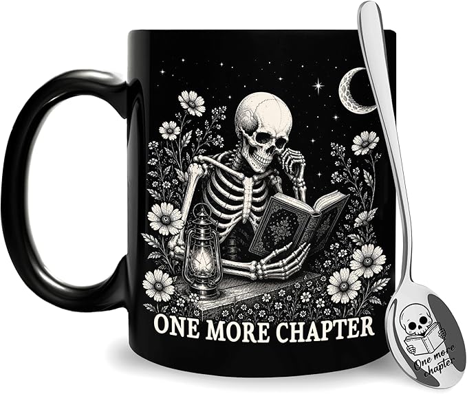 Hyturtle Funny Skeleton Reading Coffee Mug with Spoon Gifts for Book Lovers | Spooky Reading Themed Gifts for Readers, Halloween Decor, Premium double-sided print 11oz ceramic mug, Comfort grip handle by Hyturtle
