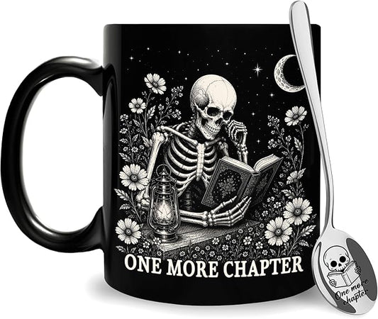 Hyturtle Funny Skeleton Reading Coffee Mug with Spoon Gifts for Book Lovers | Spooky Reading Themed Gifts for Readers, Halloween Decor, Premium double-sided print 11oz ceramic mug, Comfort grip handle by Hyturtle