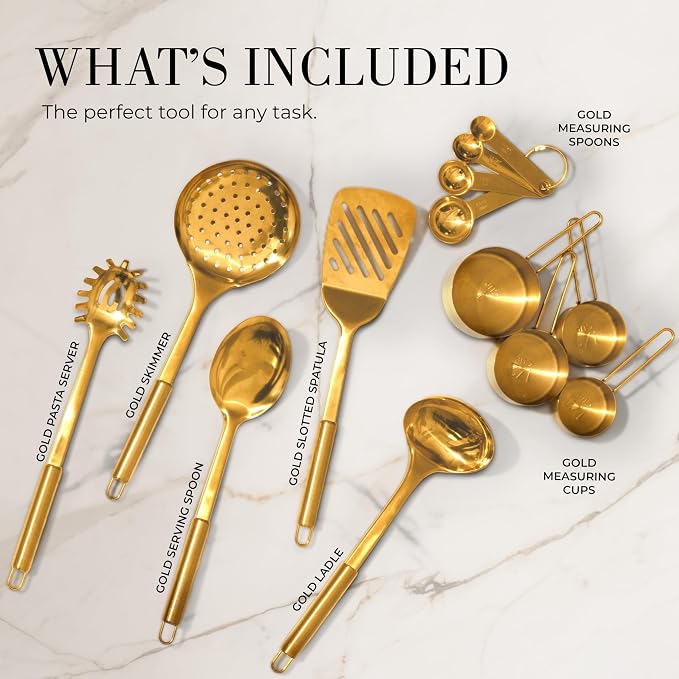 Styled Settings Gold Cooking Utensils with Measuring Cups & Spoons,13-Piece | Stainless Steel, Includes utensils, measuring cups, 13-Piece Gold Kitchen Accessories Includes Metal Measuring - Image 2