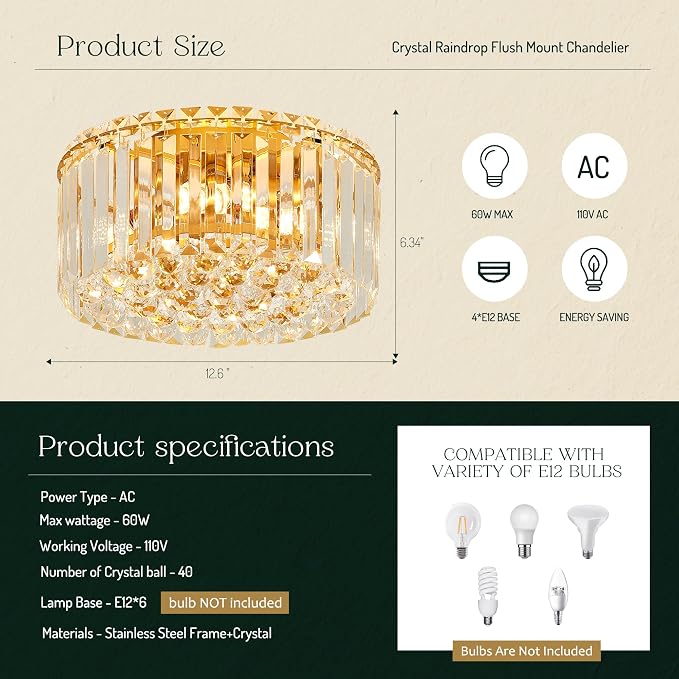 12.6" Gold K9 Crystal Raindrop Flush Mount Ceiling Light, Modern Chandelier, Round Luxury Light Fixture for Dining Room, Bedroom, Hallway, Kitchen Island & Living Room - Image 2