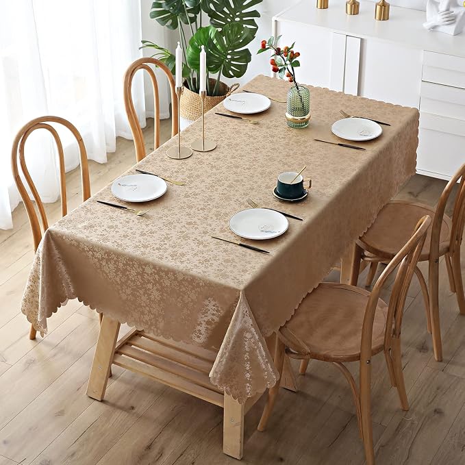Smiry Rectangle Waterproof Heavy Duty Vinyl Tablecloths, 60 x 84 Inch | Wipeable Washable Floral Embossed Table Cover for Kitchen and Dining Room, Indoor & Outdoor Use, Brown - Image 2
