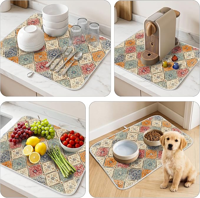 Bohemian Vintage Dish Drying Mat for Kitchen Counter Coffee Bar 18x24 in | Decorative Non Slip Absorbent Kitchen Dishes Drainer Mat, with Anti-slip Rubber Backing & Hanging Loop, for Sink, Home Gift - Image 9