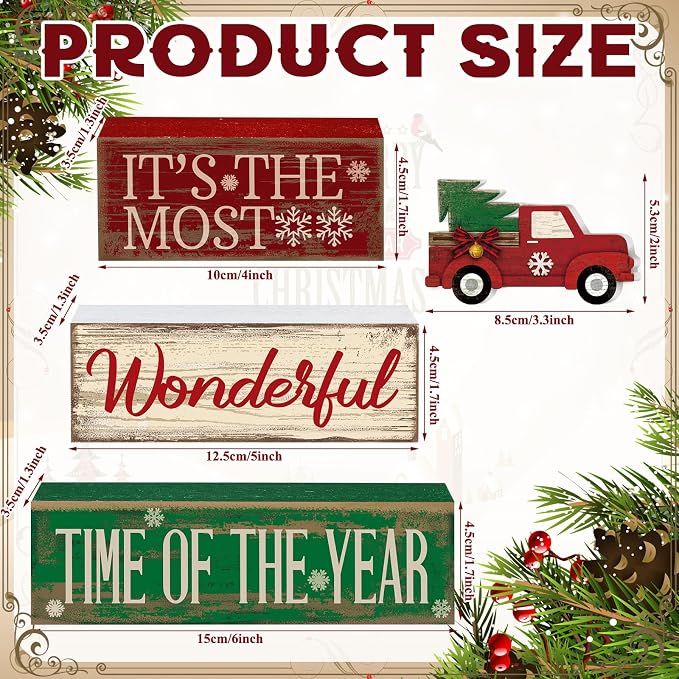 Moucuny 4 Pcs Christmas Decor Wooden Red Truck Winter Tiered Tray Decor Rustic Merry Christmas Table Centerpiece Wood Red Truck Block Sign Gift Farmhouse for Home Kitchen Tabletop Office Shelf - Image 3