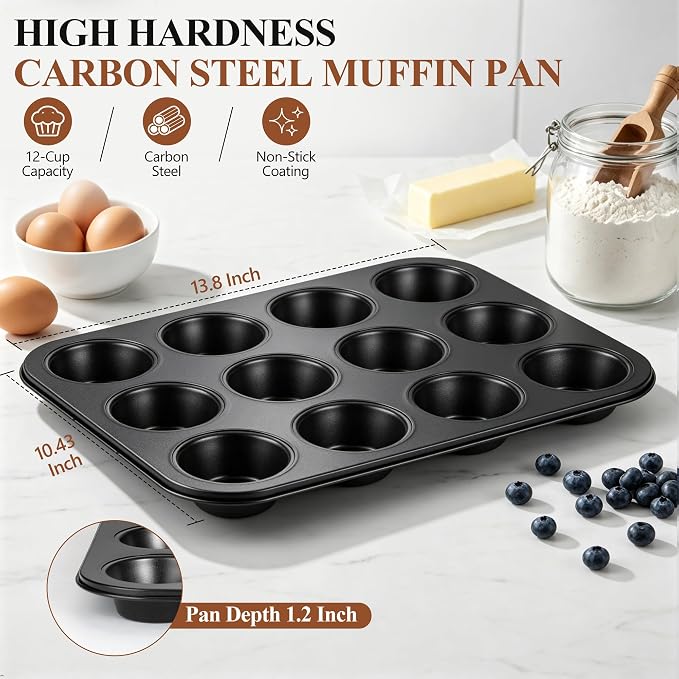 E-far 12-Cup Muffin Pan Tin, Nonstick Carbon Steel Cupcake Pan Tray | Metal Bakeware Muffin Baking Tins for Oven, Standard Size, Ideal for Muffins, Cake Tart, Brownies, Easy Clean & Non-toxic - Image 2