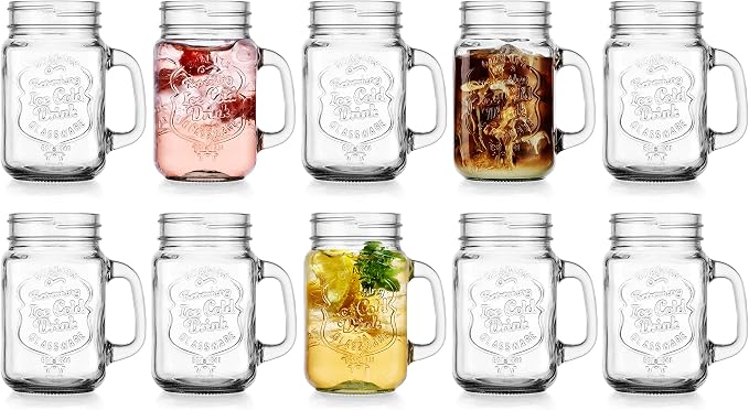 Glaver's Set of 10 Ice Cold 16 Oz. Mason Drinking Glasses With Handles. Quality Refreshing Ice Cold Embossed Logo Jars for Beverages, Cocktails, Shakes, Smoothies, Sodas, Juice. by Glavers