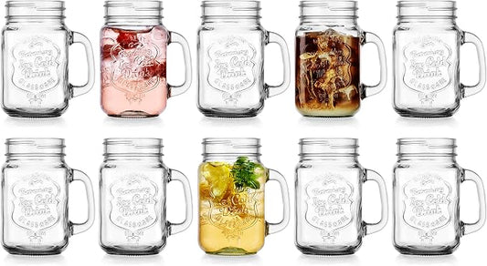 Glaver's Set of 10 Ice Cold 16 Oz. Mason Drinking Glasses With Handles. Quality Refreshing Ice Cold Embossed Logo Jars for Beverages, Cocktails, Shakes, Smoothies, Sodas, Juice. by Glavers