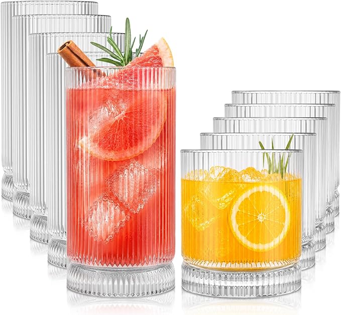 KEMORELA Ribbed Glassware Set of 8—4 Large Capacity Highball Glasses 16oz, 4 Rocks Glass Cups 13oz, Cocktail Glasses, Drinking Glasses Ideal for Beer, Juice, Ice Coffee Cup, Whiskey, Mixed Drinkware by KEMORELA
