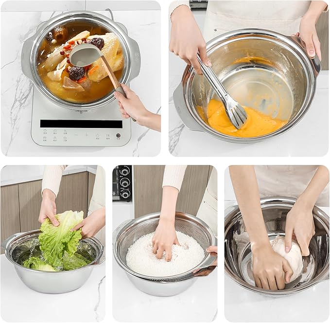 304 Stainless Steel Microporous Colander with Handle, Rice Washers Microporous Strainer Set For washing vegetables, fruits and rice, and draining cooked pasta(4QT with handle-Gold)