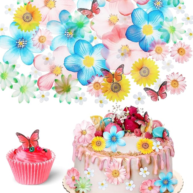 55 Pcs Edible Flowers & Butterflies Cake Decorations - Cupcake Toppers for Wedding, Birthday Party Food (Mixed Size & Colour) by Unknown