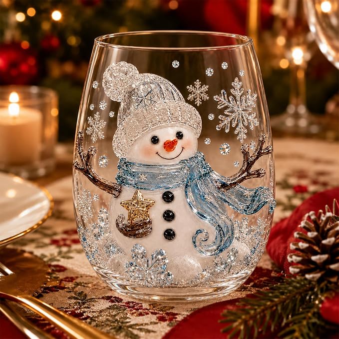 Christmas Wine Glasses, 12oz Stemless Holiday Glassware with Festive Style (Snowman) by Lifmagic