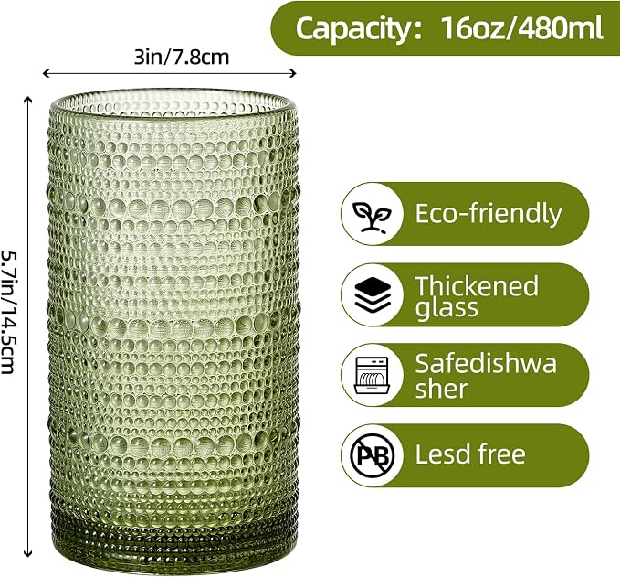 16oz Hobnail Drinking Glasses Set of 6, Vintage Large Capacity Embossed Green Tumblers, Highball Glasses for Water, Cocktail, Beer, Whiskey, Juice & Bar Use - Image 2