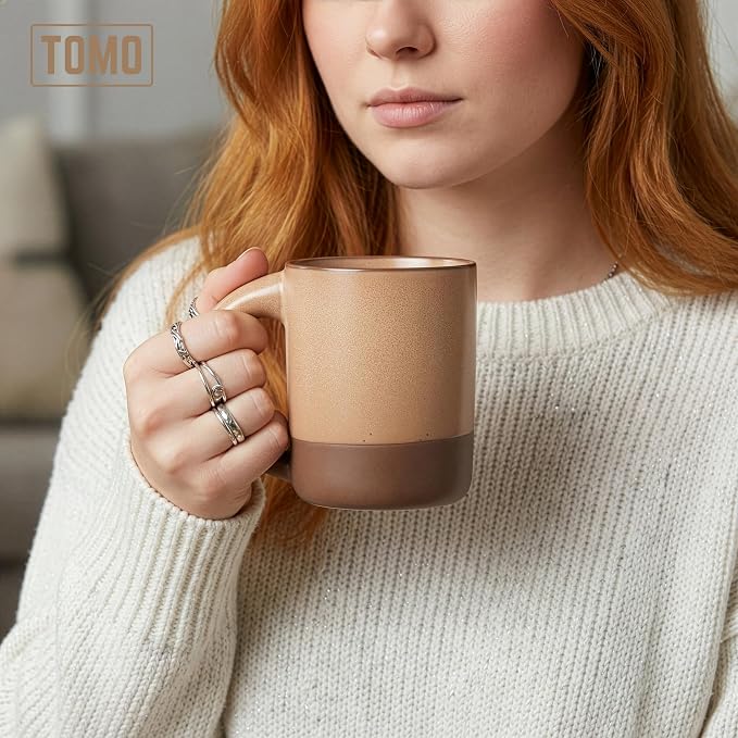 TOMO Mugs Set of 2, 12oz Modern Stoneware Coffee Mugs, Large Handle Ceramic Drinkware - Wheat - Image 6