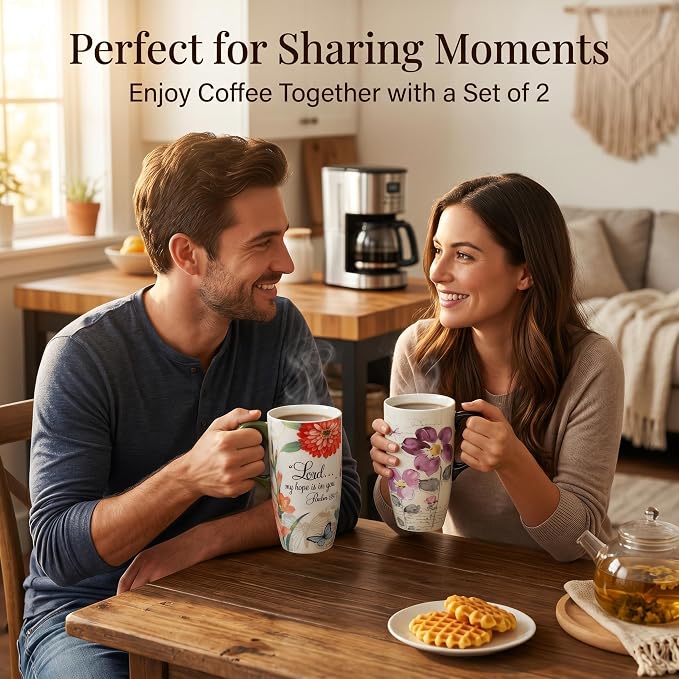 Topadorn 2 Pack Ceramic Travel Mugs with Lids, 17oz Christian Coffee Mug | Coffee Mug Set with Bible Verse & Floral Design, Microwave & Dishwasher Safe Gift Set - Image 7