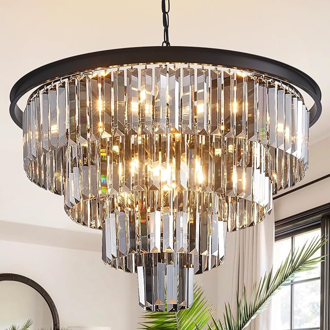 24'' Smoke Gray Crystal Chandelier Black Modern Luxury Light Fixture for Dining Room 4-Tier Round Hanging Pendant Ceiling Lighting for Entryway Foyer Living Room Bed Room Adjustable Height by HCCZLighting