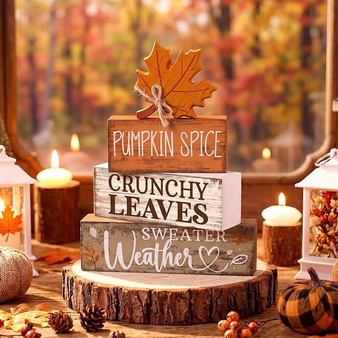 Moucuny 4 Pcs Fall Decor Wooden Maple Leaf Decoration Thanksgiving Tiered Tray Decor Rustic Wooden Maple Leaf Block Sign Thanksgiving Table Centerpiece Farmhouse for Autumn Harvest Party Kitchen Home - Image 6