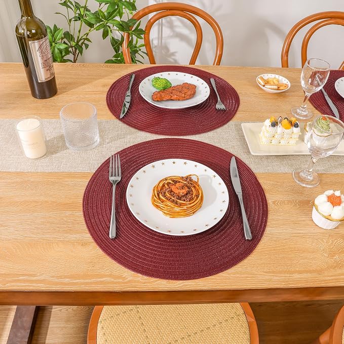 SHACOS Round Placemats Set of 4 for Dining Table 15 inch Round Braided Place Mats Washable Non Slip Kitchen Table Mats, Burgundy - Image 9