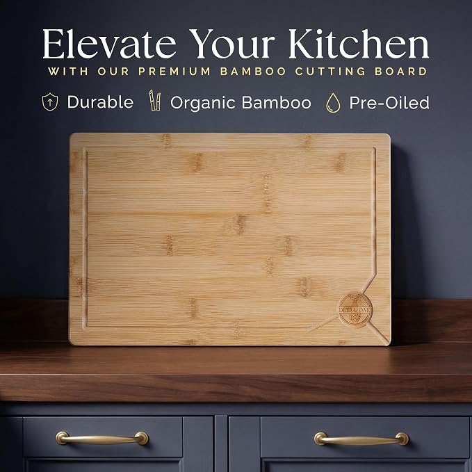 Deer & Oak Large Bamboo Chopping Board 15" x 9.8" x 0.8", Premium Wooden Kitchen Cutting Board for Meat & Vegetables, Pre-Oiled, Water Resistant, Knife-Friendly - Image 3