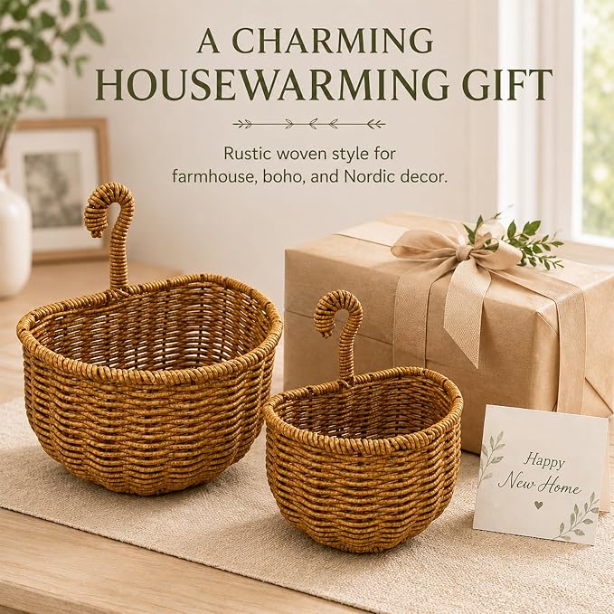 2 Pack Hanging Wall Storage Basket, Woven Rattan Organizer，COFFEE BROWN | Rustic Hand woven wall organizer with hook for kitchen, bathroom and entryway storage, Space-saving decor for modern homes - Image 8