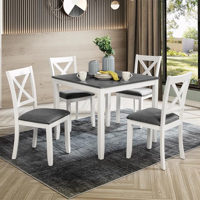 5-Piece Dining Table Set for 4, Kitchen Dining Table with 4 Soft Cushioned Solid Wood Chairs, Ideal for Home or Restaurant Use.(Gray & White_Small) by Augabam