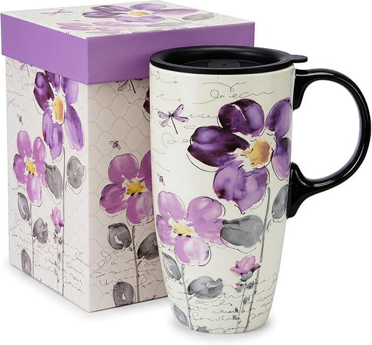 Topadorn 17oz Ceramic Travel Mug with Lid, Tall Purple Floral Coffee Mug | Large Ceramic Coffee Mug with Handle, Microwave & Dishwasher Safe, Matching Gift Box Included for Coffee, Tea and Latte by Topadorn