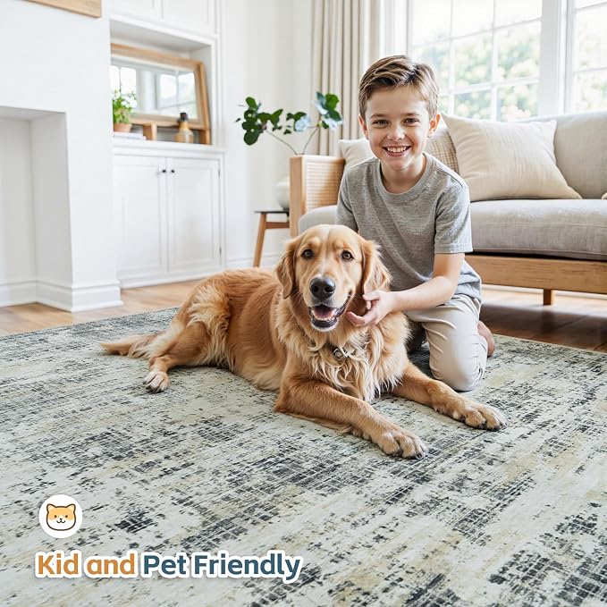 5x7 Washable Area Rug for Living Room Bedroom: Non-Slip Modern Black Gray | Machine Washable TPR Backing, Stain-Resistant Low Pile, Pet & Kid Friendly, Abstract Decor for Dining Room, Dorm, Home Office - Image 6
