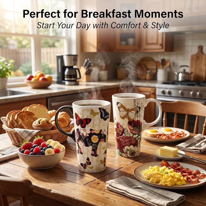 Topadorn 2-Pack 17oz Ceramic Travel Mug with Lids, Butterfly Floral Mugs | Set of 2 Coordinated 17oz Mugs, Vintage Butterfly & Floral Designs, Spill-Resistant Lids, Matching Gift Boxes Included - Image 5