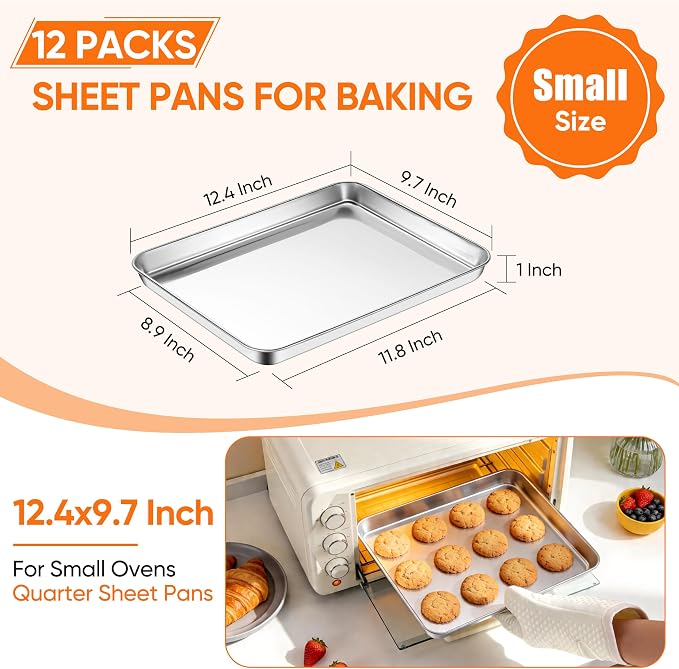 LIANYU Baking Sheet Pans, 12.4x9.7 Inch Cookie Baking Pans, 12 Pack | Commercial Grade Quarter Sheet Pan, Bakeware Cookie Tray, Mirror Finish, Non Toxic, Easy Clean, Dishwasher Safe, Bulk Set - Image 2