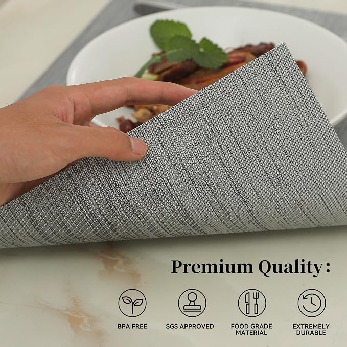Leetaltree Grey Placemats, Heat Resistant Non-Slip Place mats for Dining Table, Washable Durable PVC Vinyl Woven Table Mats (Set of 8) - Image 2