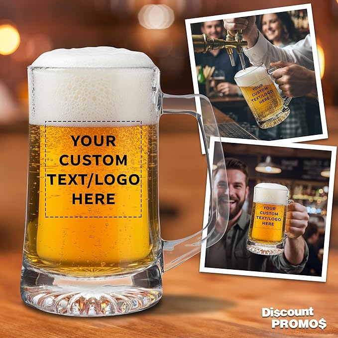 DISCOUNT PROMOS Custom ARC Glass Beer Mugs 25 oz. Set of 12, Personalized Bulk Pack - Great for Octoberfest, Pub, Restaurant - Clear