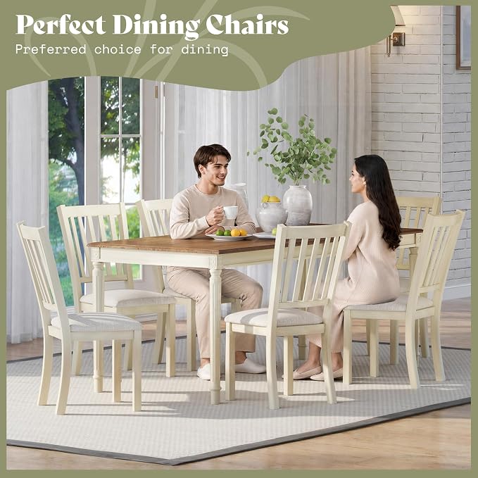 AMERLIFE Set of 8 Farmhouse Dining Chairs with Upholstered Seats, Cream | Farmhouse Style, Curved Backrests, Solid Wood Legs, Padded Upholstery, Rustic Cream Finish - Image 6