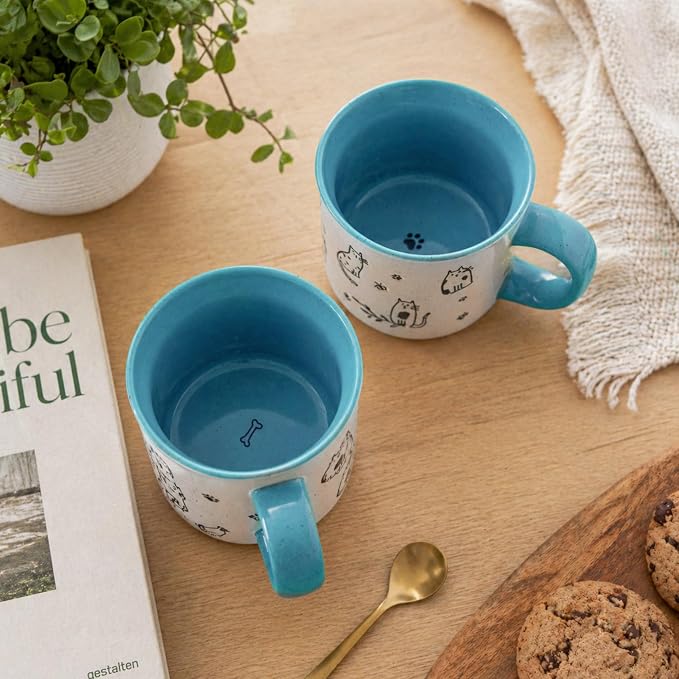 AmorArc 22 OZ Large Ceramic Coffee Mugs Set of 2, Oversized Mugs With Big Handle for Men Women Dad Mom, Big Mug With Textured Dogs Cats Patterns for Office & Home -Microwave Safe, 2 Pcs-Blue - Image 7